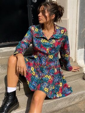 Vintage 80s/90s Mariposa Floral Rayon Mini Dress Square Sailor Collar M/13